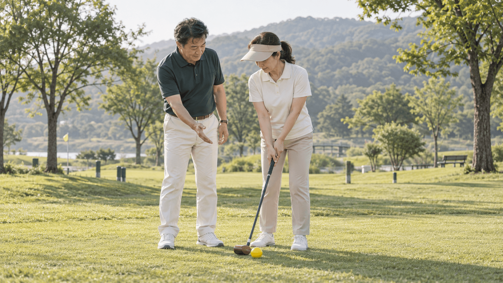 파크골프 지도자가 교육생의 자세를 지도하는 장면