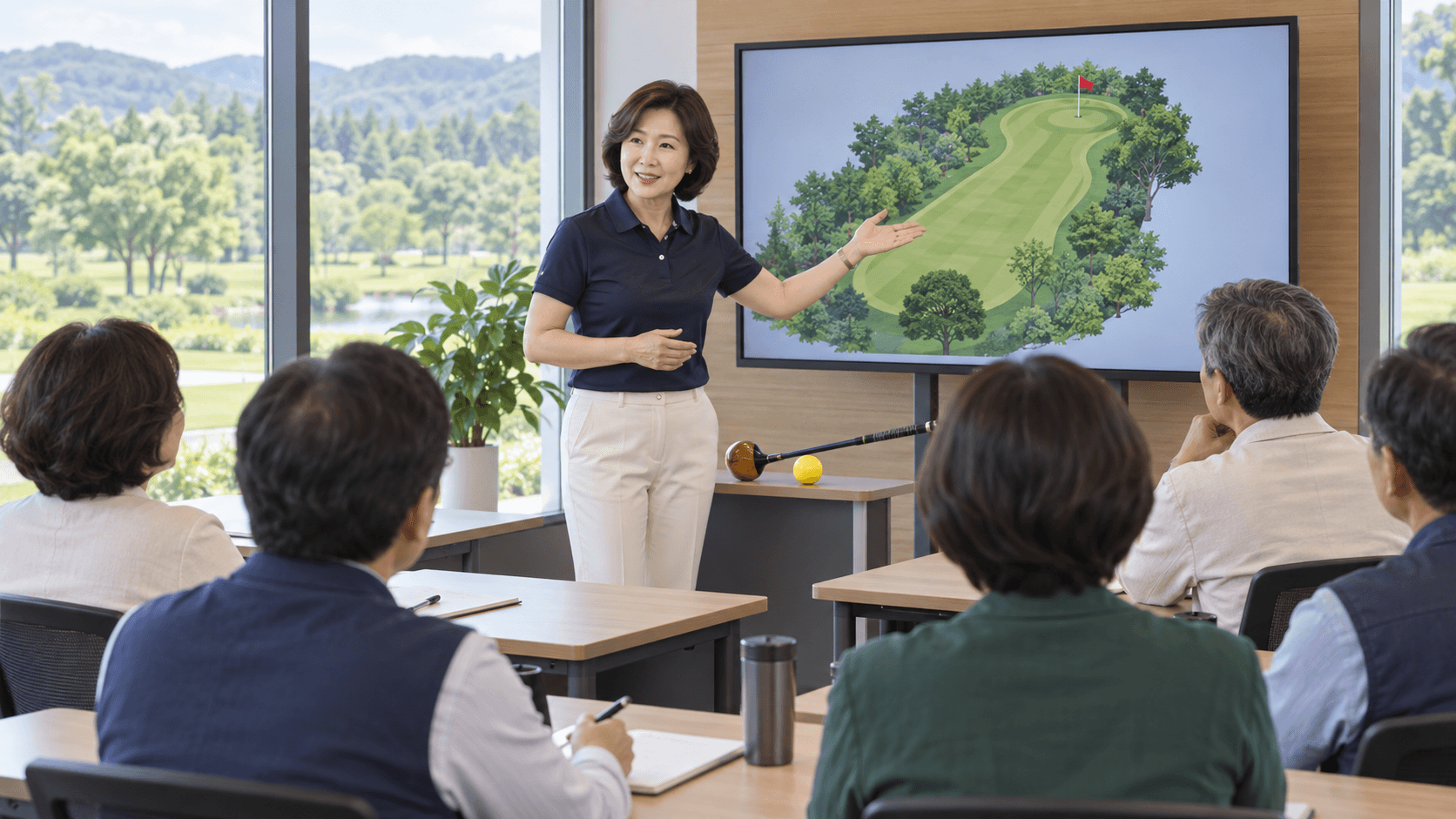 파크골프 전문강사가 강의실에서 교육생에게 이론을 설명하는 장면