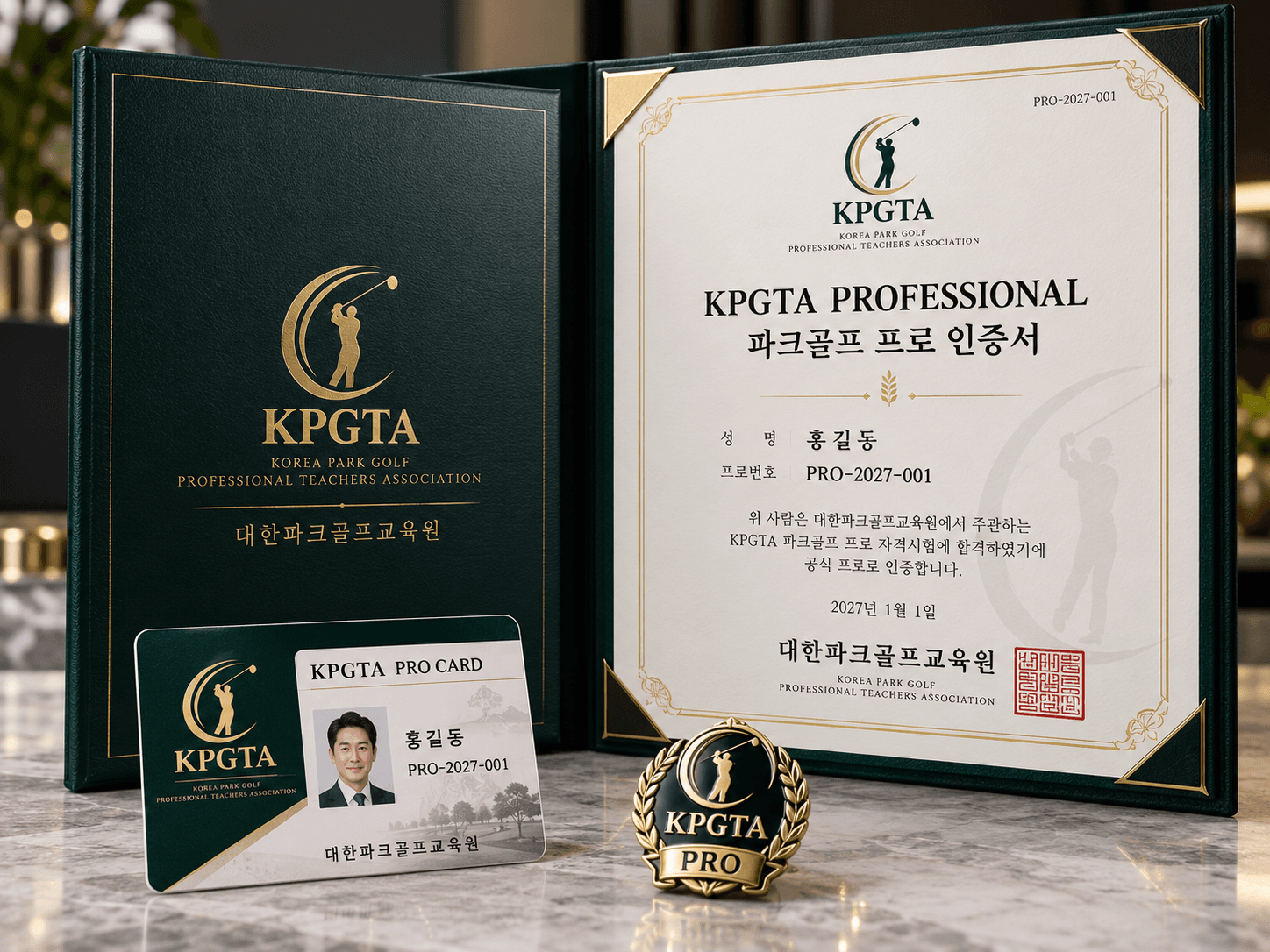 KPGTA 파크골프 프로 인증서, PRO 카드와 배지